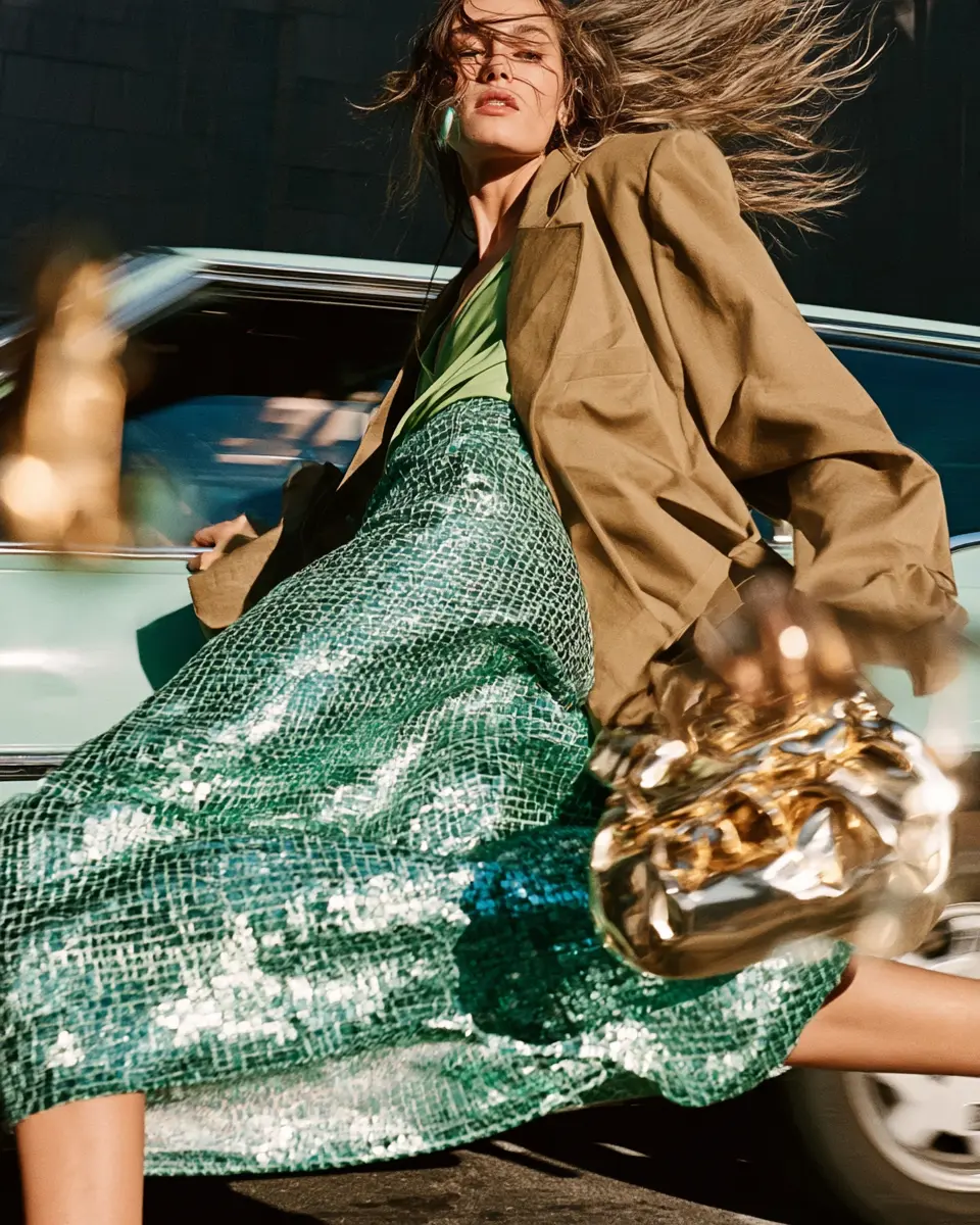 Woman in a green sequin skirt and khaki blazer moving past a mint car