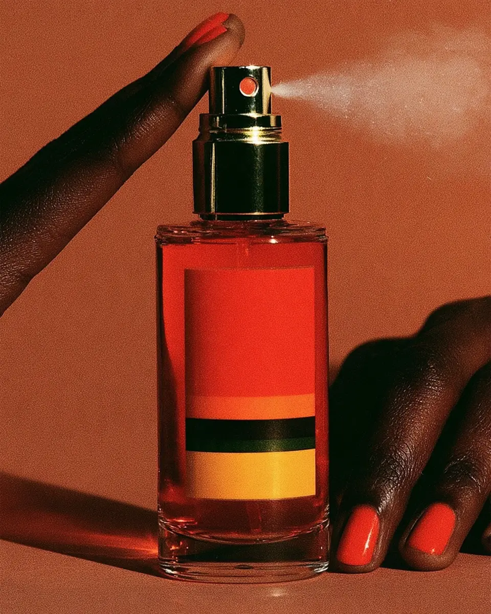 Finger pressing a gold-capped fragrance bottle releasing mist
