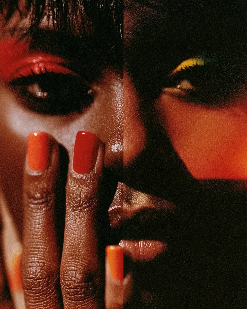 Split close-up of a face with orange nails and yellow eyeliner
