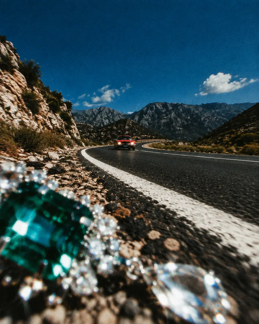 Emerald jewellery on the roadside as a red car approaches along a mountain bend