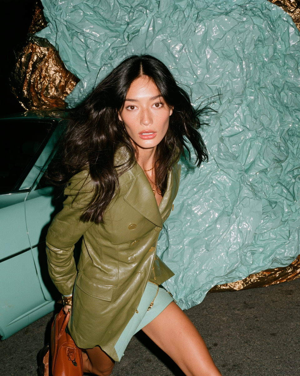 Fashion portrait in an olive leather jacket beside a mint car and foil