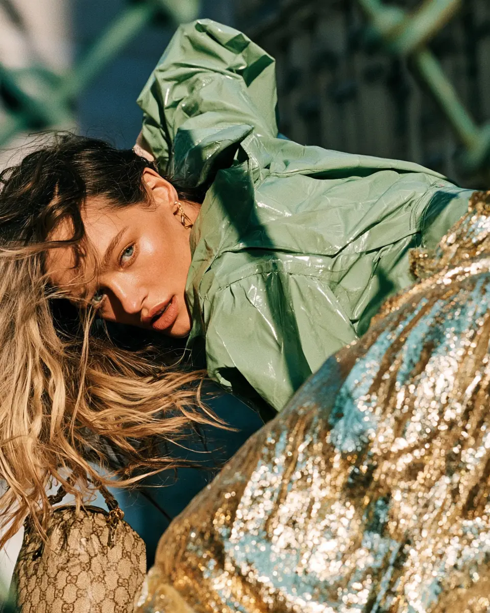 Close portrait in a green vinyl jacket beside gold sequins