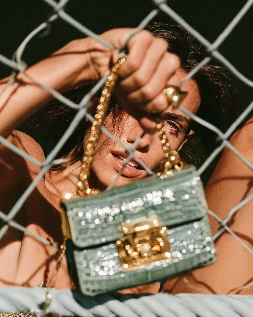 Woman behind a chain-link fence holding a sequinned mint bag