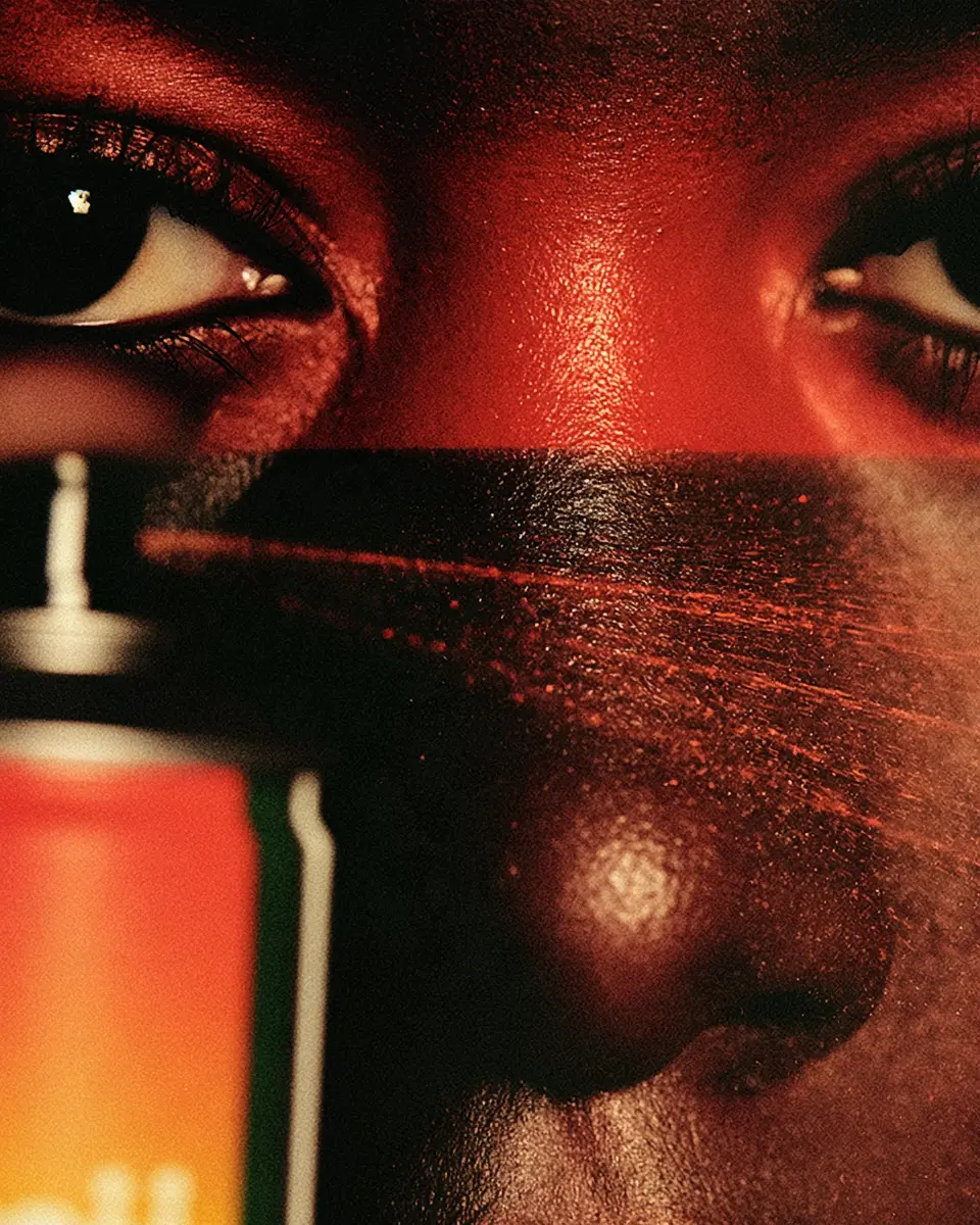 Close portrait with red fragrance mist across the face beside a bottle