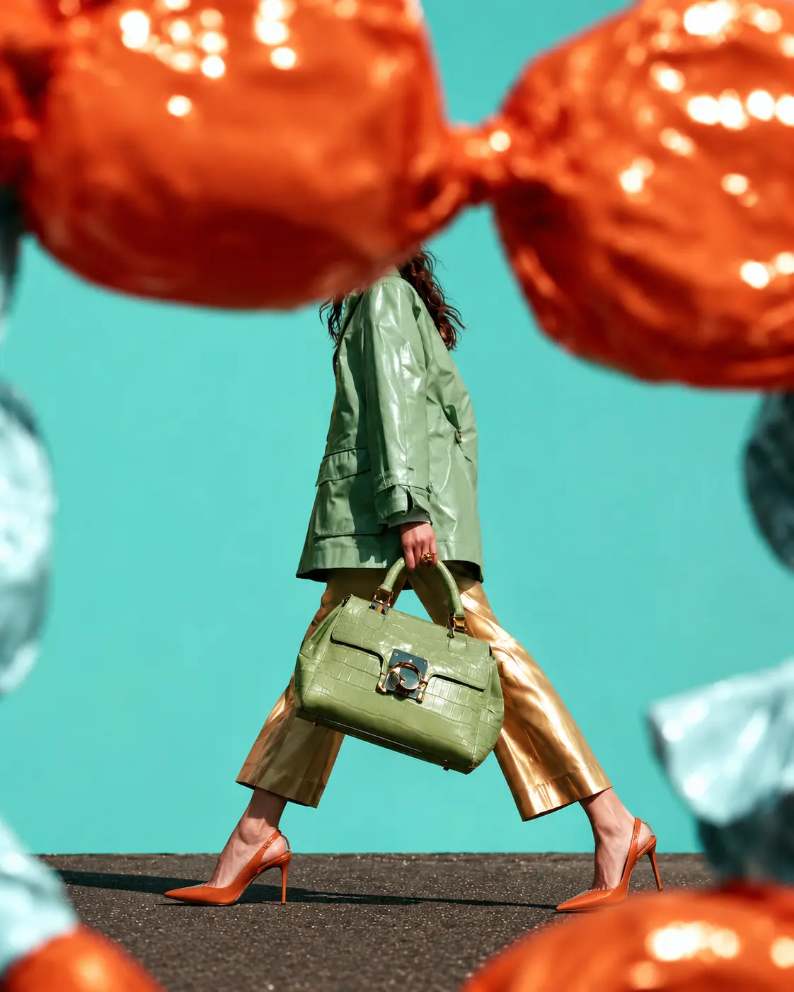 Woman walking with a green croc bag framed by giant orange foil-wrapped forms