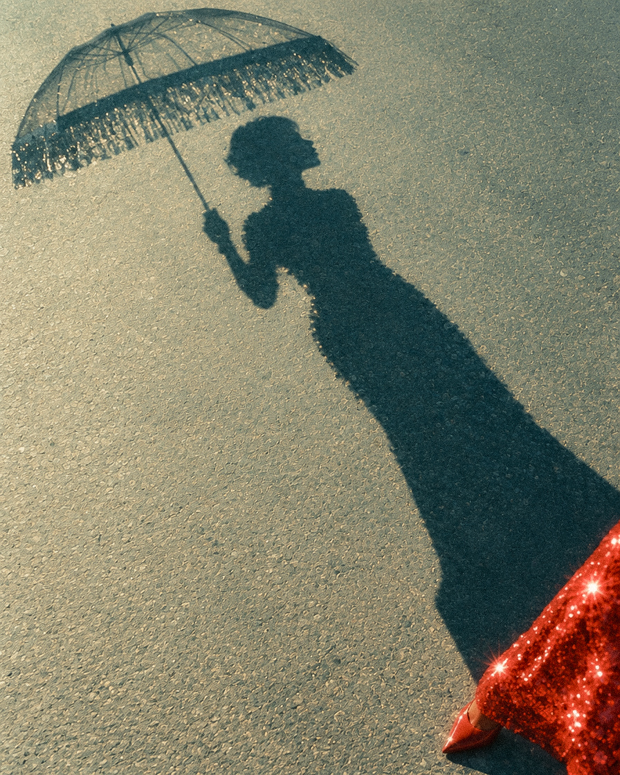 Long shadow of a woman holding a fringed umbrella on asphalt, with a sparkling red heel in the corner
