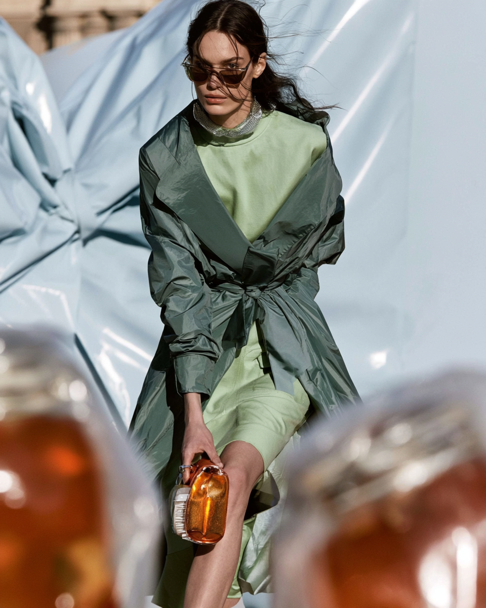 Woman in a green trench holding an amber bag between blurred jars