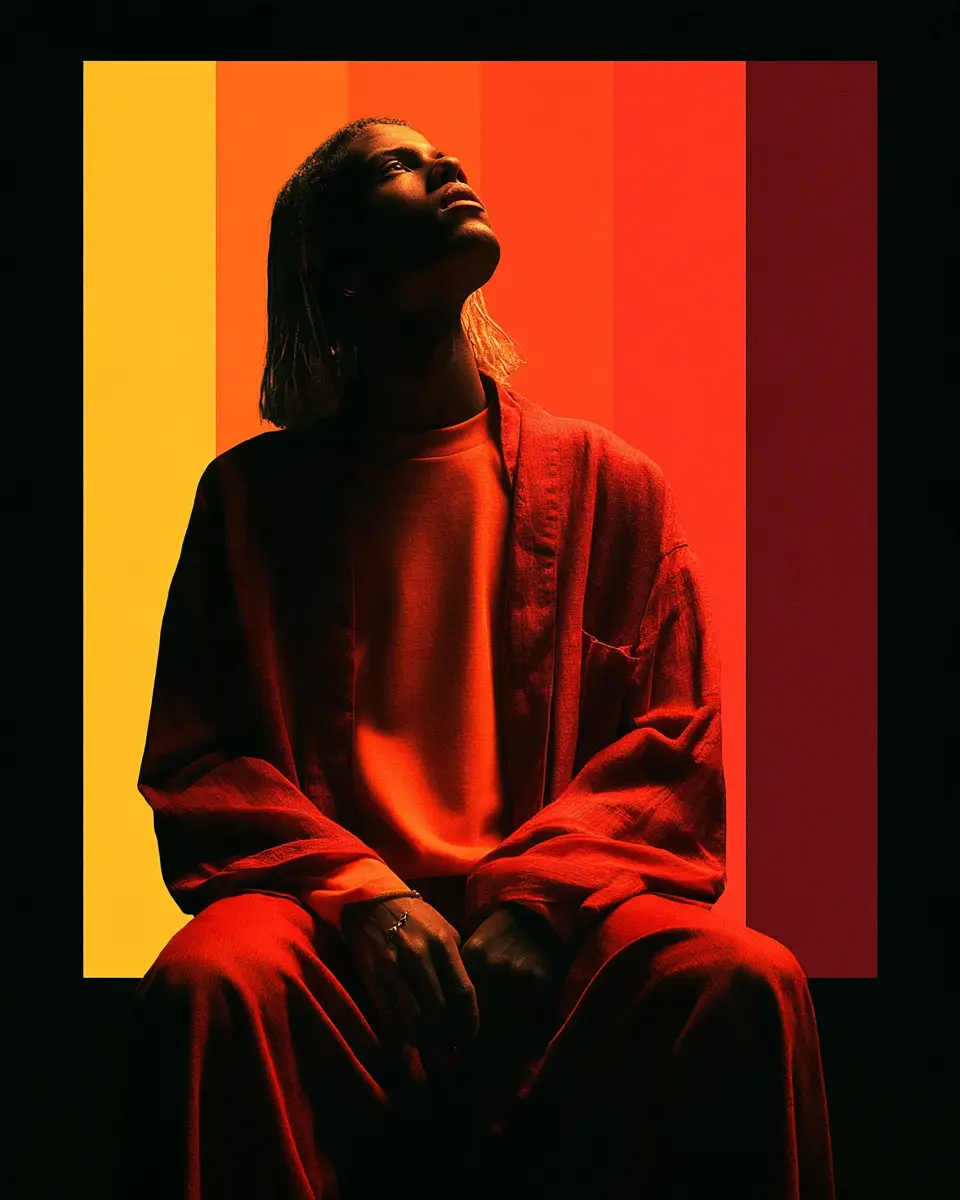 Seated man in red linen looking upward before yellow-to-crimson colour bands