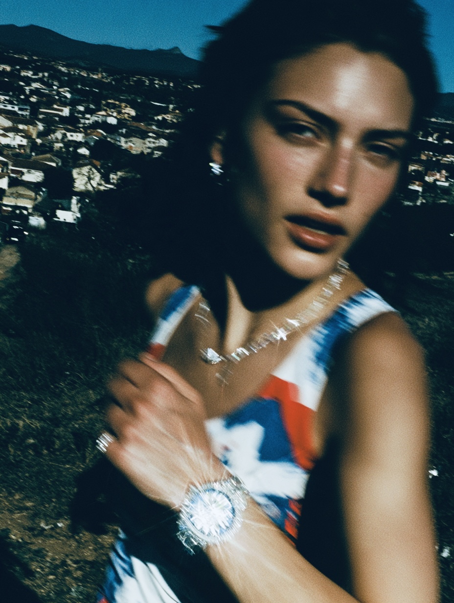 Woman in a red, white and blue dress wearing diamond jewellery against a dark rocky backdrop