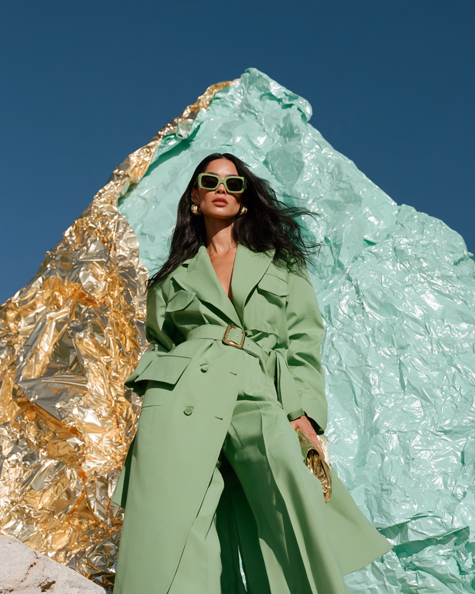 Low-angle woman in a mint trench suit against mint and gold foil