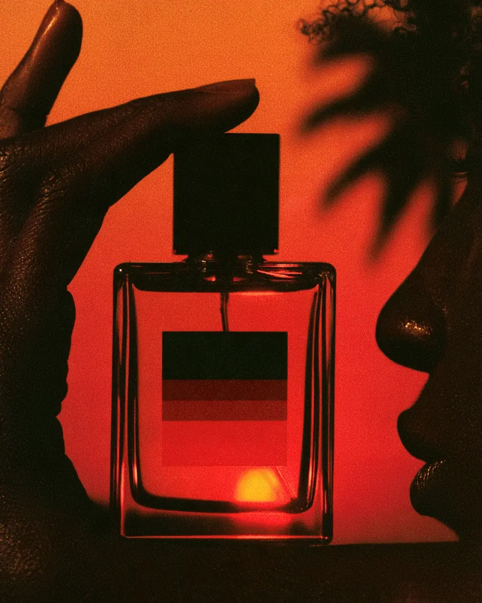 Hand holding a fragrance bottle beside a profile in silhouette against orange light