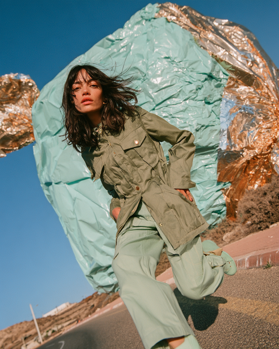 Woman in an olive jacket and mint trousers on a tilted road before mint and gold foil