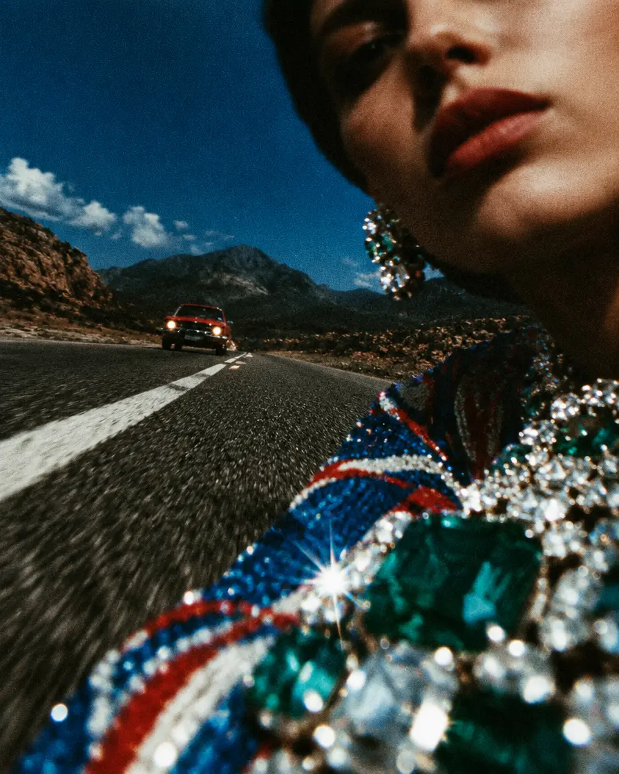Low-angle portrait with emerald jewellery and patterned dress beside a desert road