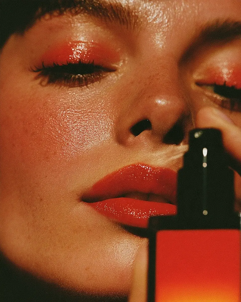 Close-up of glossy red lips and eyelids as a dark bottle sprays