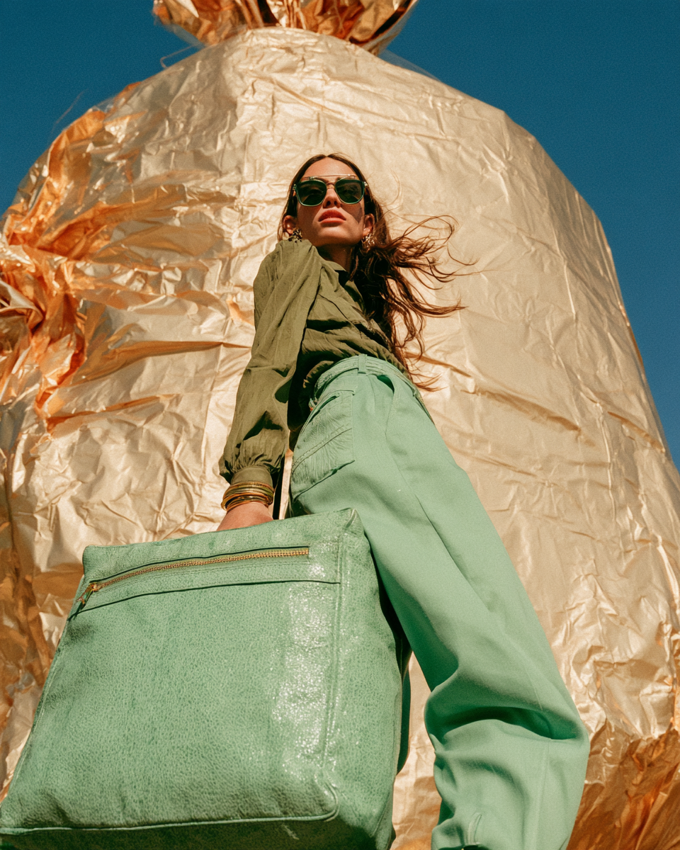 Low-angle woman holding a large mint bag against giant gold foil