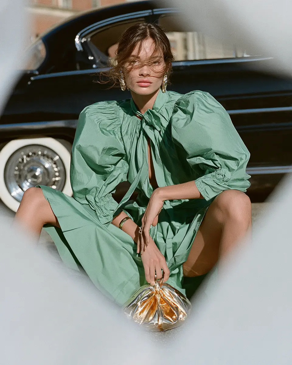 Woman in a green puff-sleeve dress seated before a black vintage car